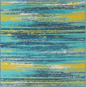 Multicolor.Blue 7' 10 x 7' 10 Outdoor Coastal Square Area Rug Weather Resistant for Patio, Deck, Terrace, Balcony, Porch 100% Polypropylene Coastal Decor Carpet for Sale at Rug Engine