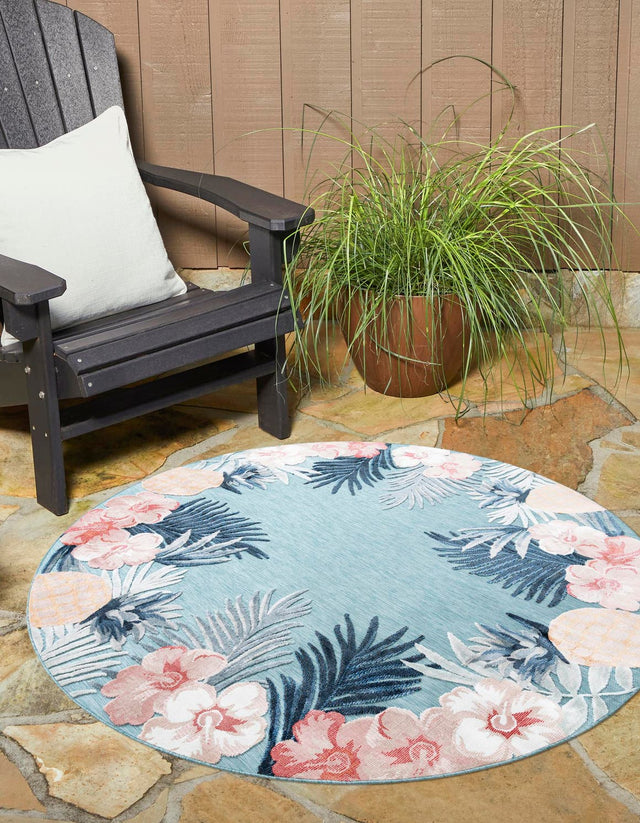Blue 8' 2 x 8' 2 Outdoor Botanical Round Area Rug Weather Resistant for Patio, Deck, Terrace, Balcony, Porch Polypropylene Garden Floral Tropical Carpet for Sale at Rug Engine