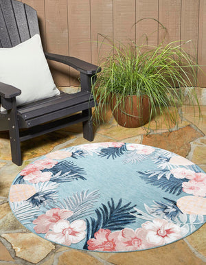 Blue 4' 5 x 4' 5 Outdoor Botanical Round Area Rug Weather Resistant for Patio, Deck, Terrace, Balcony, Porch Polypropylene Garden Floral Tropical Carpet for Sale at Rug Engine