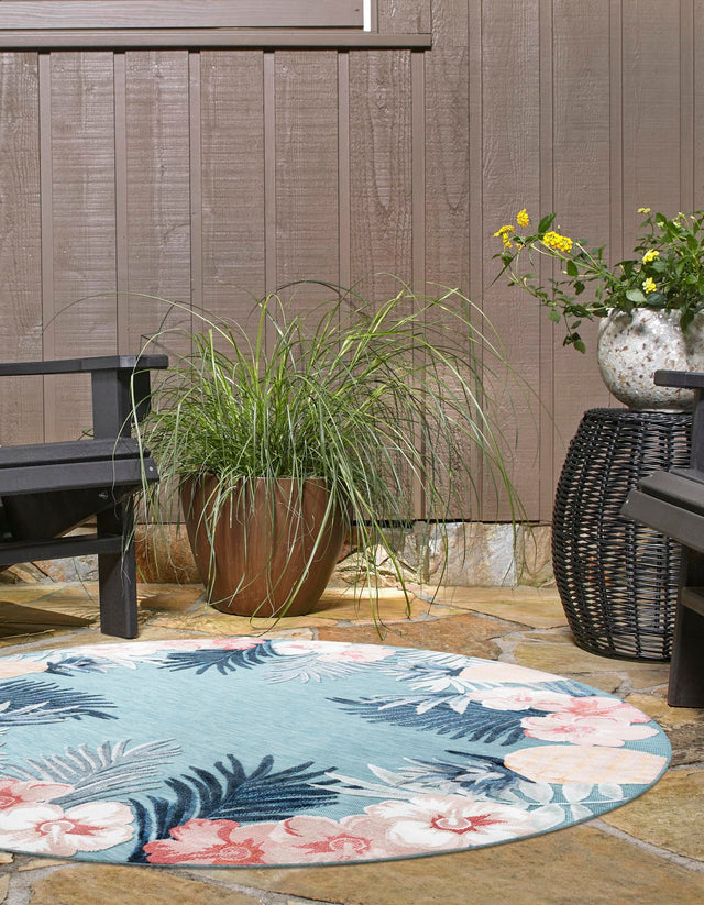 Blue 4' 5 x 4' 5 Outdoor Botanical Round Area Rug Weather Resistant for Patio, Deck, Terrace, Balcony, Porch Polypropylene Garden Floral Tropical Carpet for Sale at Rug Engine