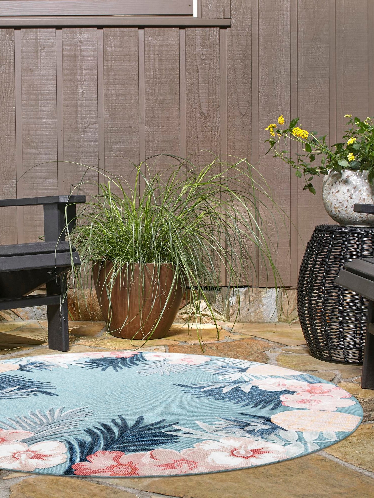 Blue 8' 2 x 8' 2 Outdoor Botanical Round Area Rug Weather Resistant for Patio, Deck, Terrace, Balcony, Porch Polypropylene Garden Floral Tropical Carpet for Sale at Rug Engine