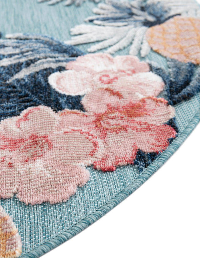 Blue 4' 5 x 4' 5 Outdoor Botanical Round Area Rug Weather Resistant for Patio, Deck, Terrace, Balcony, Porch Polypropylene Garden Floral Tropical Carpet for Sale at Rug Engine