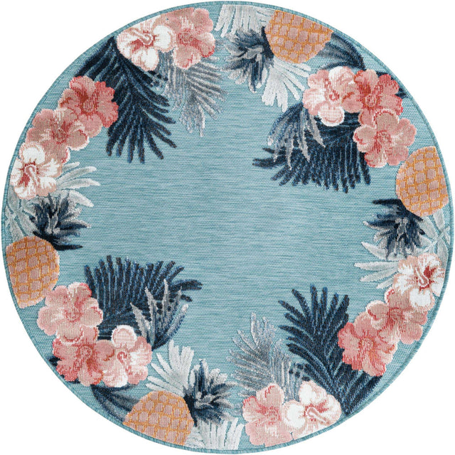 Blue 4' 5 x 4' 5 Outdoor Botanical Round Area Rug Weather Resistant for Patio, Deck, Terrace, Balcony, Porch Polypropylene Garden Floral Tropical Carpet for Sale at Rug Engine