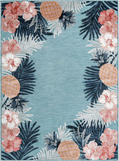 Blue 4' 5 x 6' 1 Outdoor Botanical Rectangle Rug