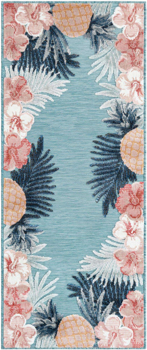 Blue 2' 2 x 5' 3 Outdoor Botanical Runner Area Rug Weather Resistant for Patio, Deck, Terrace, Balcony, Porch Polypropylene Garden Floral Tropical Carpet for Sale at Rug Engine