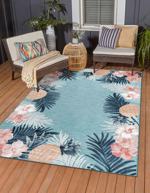 Blue 9' 9 x 12' Outdoor Botanical Rectangle Area Rug Weather Resistant for Patio, Deck, Terrace, Balcony, Porch Polypropylene Garden Floral Tropical Carpet for Sale at Rug Engine