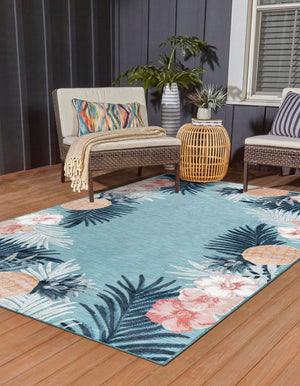 Blue 8' 2 x 10' Outdoor Botanical Rectangle Area Rug Weather Resistant for Patio, Deck, Terrace, Balcony, Porch Polypropylene Garden Floral Tropical Carpet for Sale at Rug Engine