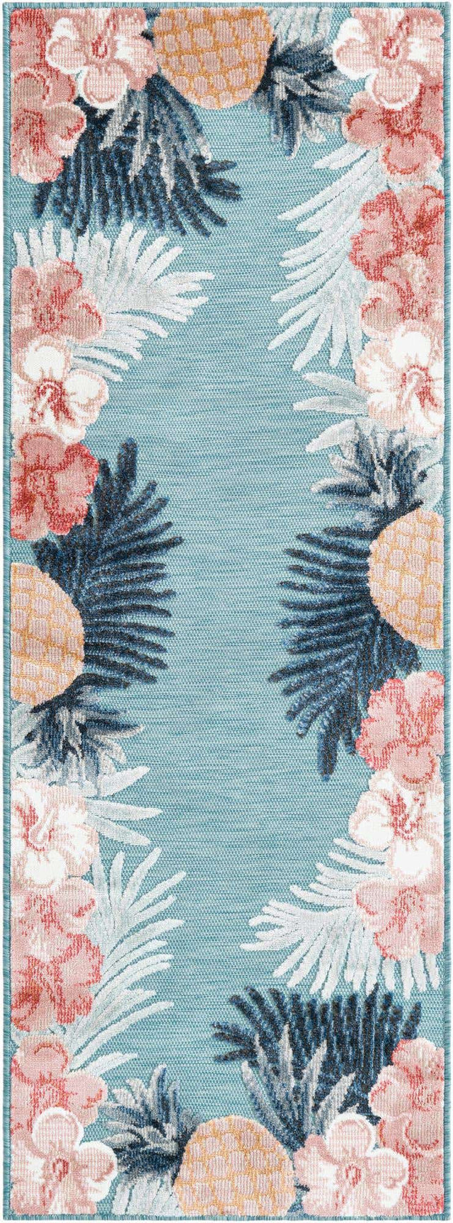 Blue 2' 2 x 6' 1 Outdoor Botanical Runner Area Rug Weather Resistant for Patio, Deck, Terrace, Balcony, Porch Polypropylene Garden Floral Tropical Carpet for Sale at Rug Engine