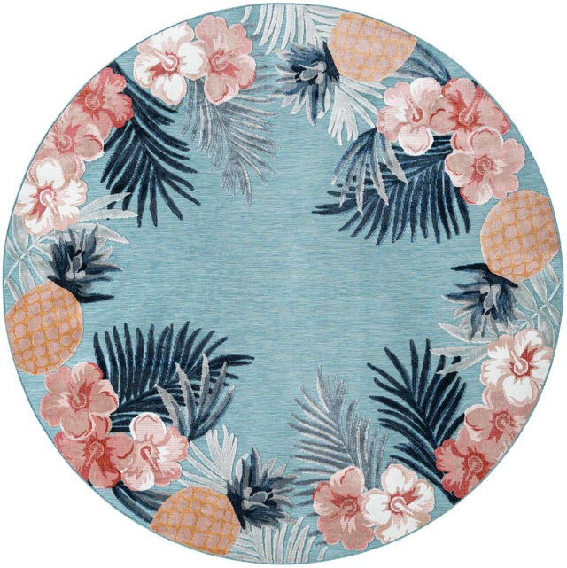 Blue 8' 2 x 8' 2 Outdoor Botanical Round Area Rug Weather Resistant for Patio, Deck, Terrace, Balcony, Porch Polypropylene Garden Floral Tropical Carpet for Sale at Rug Engine