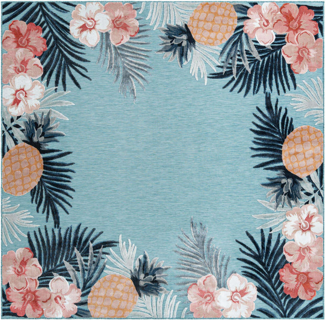 Blue 8' 2 x 8' 2 Outdoor Botanical Square Area Rug Weather Resistant for Patio, Deck, Terrace, Balcony, Porch Polypropylene Garden Floral Tropical Carpet for Sale at Rug Engine