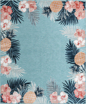Blue 8' 2 x 10' Outdoor Botanical Rectangle Area Rug Weather Resistant for Patio, Deck, Terrace, Balcony, Porch Polypropylene Garden Floral Tropical Carpet for Sale at Rug Engine