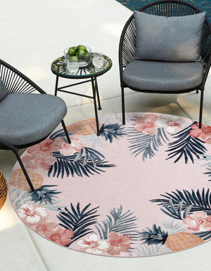 Pink 8' 2 x 8' 2 Outdoor Botanical Round Area Rug Weather Resistant for Patio, Deck, Terrace, Balcony, Porch Polypropylene Garden Floral Tropical Carpet for Sale at Rug Engine