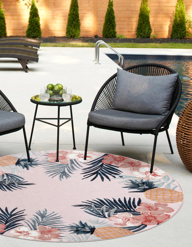 Pink 4' 5 x 4' 5 Outdoor Botanical Round Area Rug Weather Resistant for Patio, Deck, Terrace, Balcony, Porch Polypropylene Garden Floral Tropical Carpet for Sale at Rug Engine