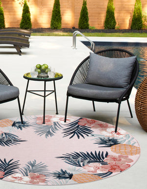 Pink 8' 2 x 8' 2 Outdoor Botanical Round Area Rug Weather Resistant for Patio, Deck, Terrace, Balcony, Porch Polypropylene Garden Floral Tropical Carpet for Sale at Rug Engine