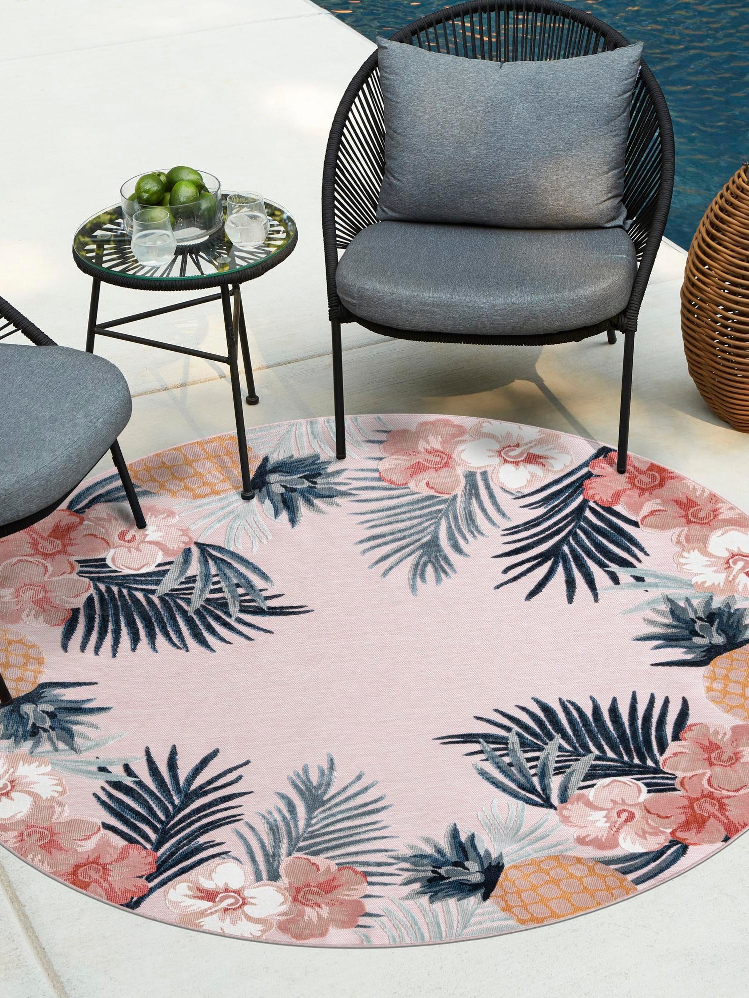Pink 8' 2 x 8' 2 Outdoor Botanical Round Area Rug Weather Resistant for Patio, Deck, Terrace, Balcony, Porch Polypropylene Garden Floral Tropical Carpet for Sale at Rug Engine