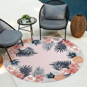 Pink 8' 2 x 8' 2 Outdoor Botanical Round Area Rug Weather Resistant for Patio, Deck, Terrace, Balcony, Porch Polypropylene Garden Floral Tropical Carpet for Sale at Rug Engine