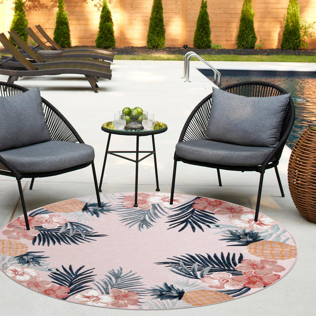 Pink 4' 5 x 4' 5 Outdoor Botanical Round Area Rug Weather Resistant for Patio, Deck, Terrace, Balcony, Porch Polypropylene Garden Floral Tropical Carpet for Sale at Rug Engine