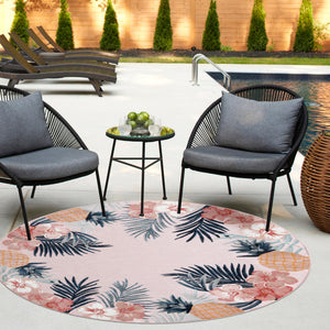 Pink 8' 2 x 8' 2 Outdoor Botanical Round Area Rug Weather Resistant for Patio, Deck, Terrace, Balcony, Porch Polypropylene Garden Floral Tropical Carpet for Sale at Rug Engine