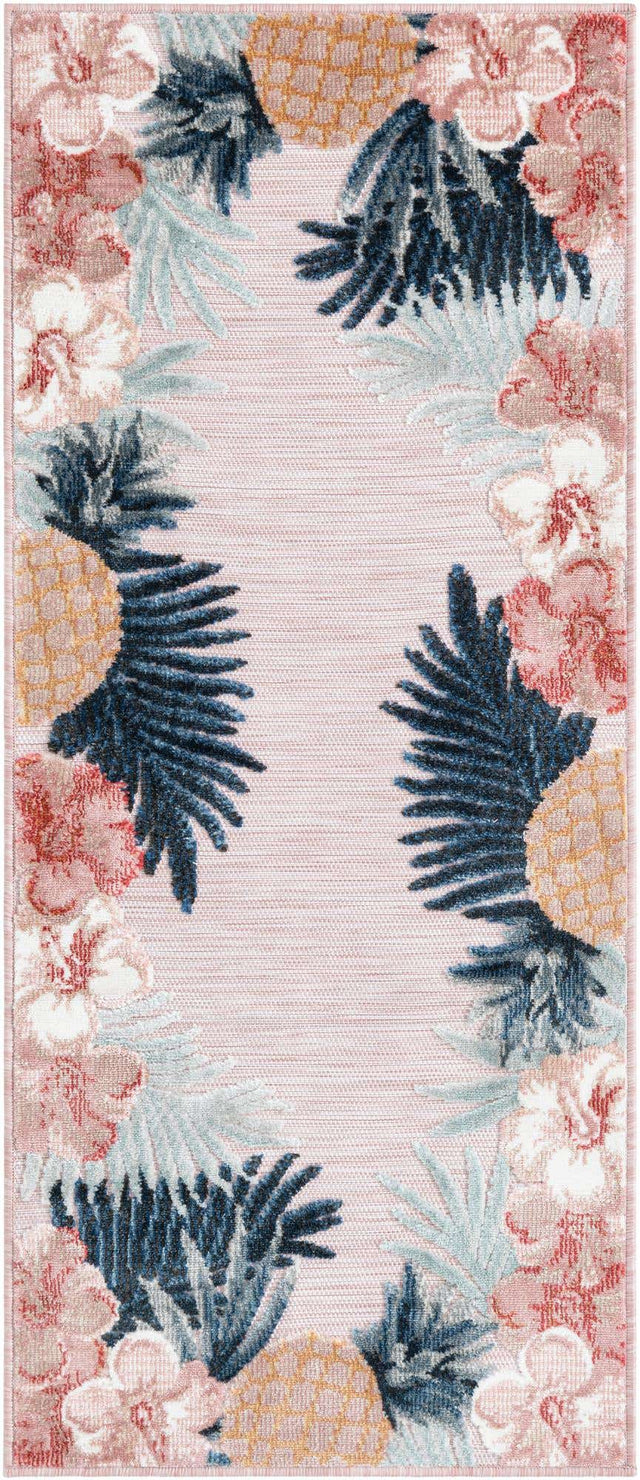 Pink 2' 2 x 5' 3 Outdoor Botanical Runner Area Rug Weather Resistant for Patio, Deck, Terrace, Balcony, Porch Polypropylene Garden Floral Tropical Carpet for Sale at Rug Engine