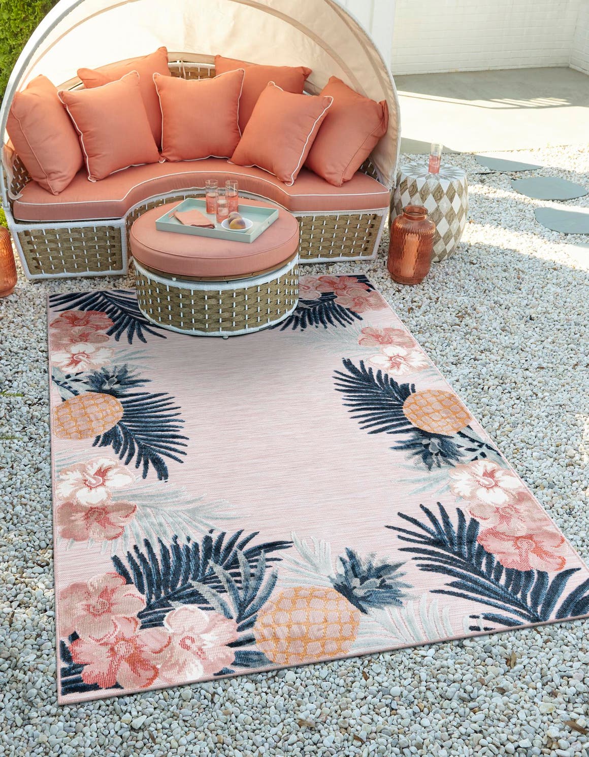 Pink 6' 4 x 9' Outdoor Botanical Rectangle Area Rug Weather Resistant for Patio, Deck, Terrace, Balcony, Porch Polypropylene Garden Floral Tropical Carpet for Sale at Rug Engine