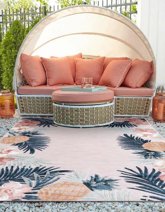 Pink 4' 5 x 6' 1 Outdoor Botanical Rectangle Area Rug Weather Resistant for Patio, Deck, Terrace, Balcony, Porch Polypropylene Garden Floral Tropical Carpet for Sale at Rug Engine