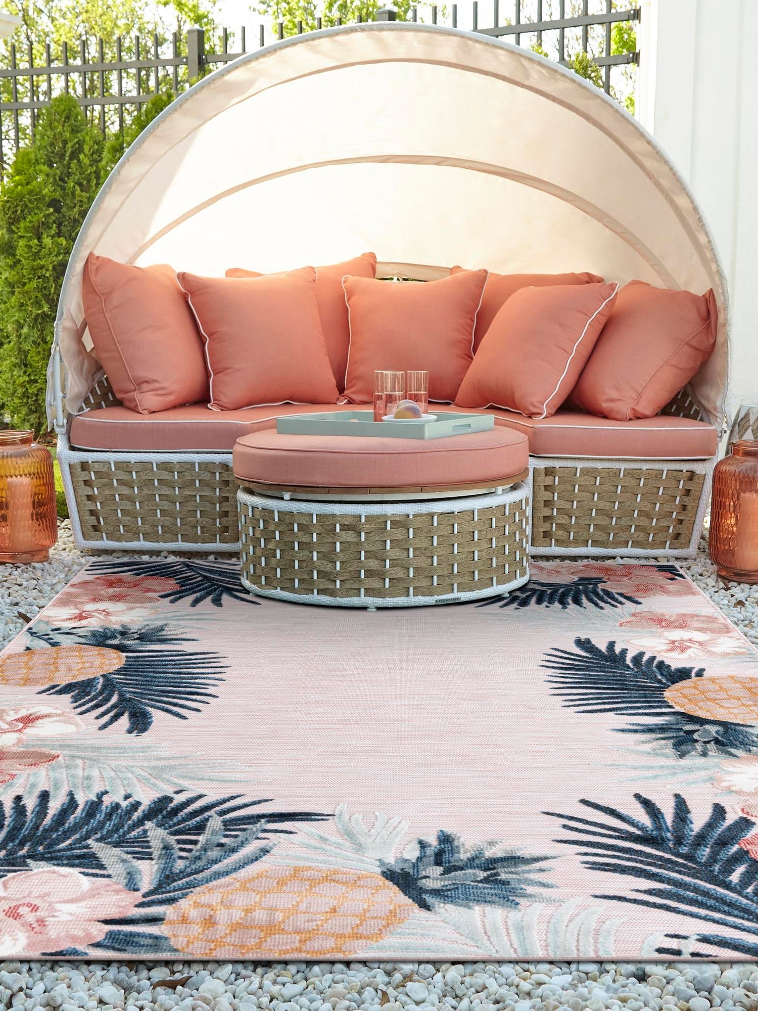 Pink 5' 2 x 8' Outdoor Botanical Rectangle Area Rug Weather Resistant for Patio, Deck, Terrace, Balcony, Porch Polypropylene Garden Floral Tropical Carpet for Sale at Rug Engine
