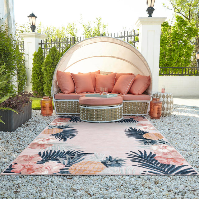Pink 4' 5 x 6' 1 Outdoor Botanical Rectangle Area Rug Weather Resistant for Patio, Deck, Terrace, Balcony, Porch Polypropylene Garden Floral Tropical Carpet for Sale at Rug Engine