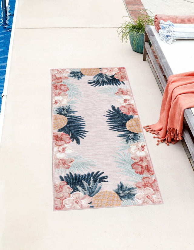 Pink 2' 2 x 5' 3 Outdoor Botanical Runner Area Rug Weather Resistant for Patio, Deck, Terrace, Balcony, Porch Polypropylene Garden Floral Tropical Carpet for Sale at Rug Engine