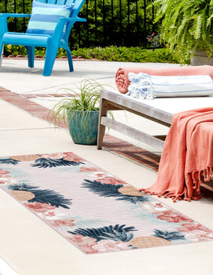 Pink 2' 2 x 6' 1 Outdoor Botanical Runner Area Rug Weather Resistant for Patio, Deck, Terrace, Balcony, Porch Polypropylene Garden Floral Tropical Carpet for Sale at Rug Engine