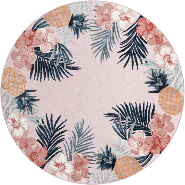 Pink 8' 2 x 8' 2 Outdoor Botanical Round Area Rug Weather Resistant for Patio, Deck, Terrace, Balcony, Porch Polypropylene Garden Floral Tropical Carpet for Sale at Rug Engine