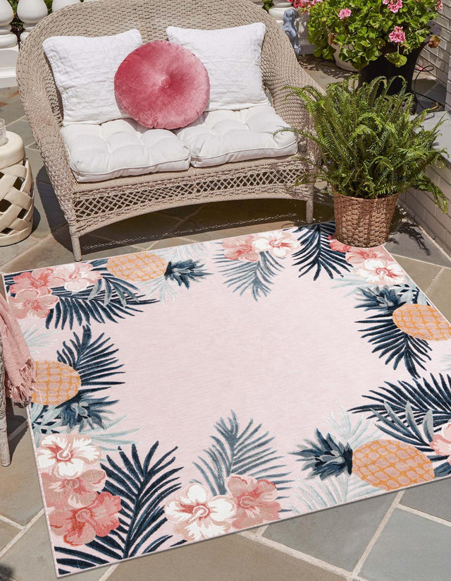 Pink 8' 2 x 8' 2 Outdoor Botanical Square Area Rug Weather Resistant for Patio, Deck, Terrace, Balcony, Porch Polypropylene Garden Floral Tropical Carpet for Sale at Rug Engine