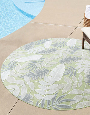 Green 8' 2 x 8' 2 Outdoor Botanical Round Area Rug Weather Resistant for Patio, Deck, Terrace, Balcony, Porch Polypropylene Garden Floral Tropical Carpet for Sale at Rug Engine