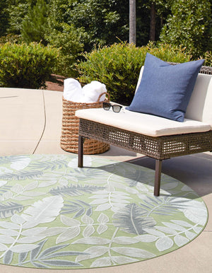 Green 8' 2 x 8' 2 Outdoor Botanical Round Area Rug Weather Resistant for Patio, Deck, Terrace, Balcony, Porch Polypropylene Garden Floral Tropical Carpet for Sale at Rug Engine