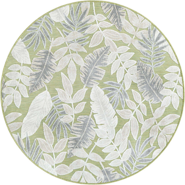 Green 4' 5 x 4' 5 Outdoor Botanical Round Area Rug Weather Resistant for Patio, Deck, Terrace, Balcony, Porch Polypropylene Garden Floral Tropical Carpet for Sale at Rug Engine