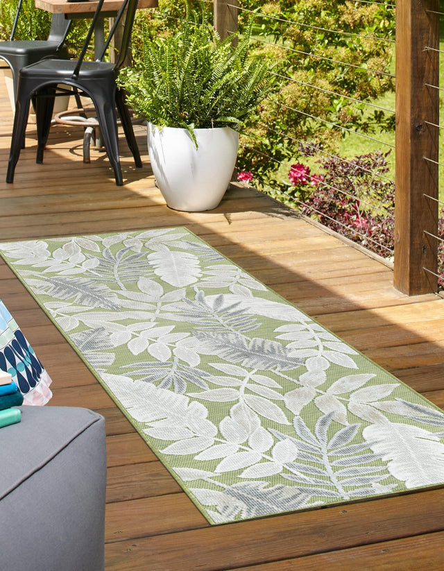 Green 2' 7 x 12' Outdoor Botanical Runner Area Rug Weather Resistant for Patio, Deck, Terrace, Balcony, Porch Polypropylene Garden Floral Tropical Carpet for Sale at Rug Engine
