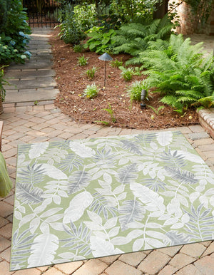 Green 8' 2 x 8' 2 Outdoor Botanical Square Area Rug Weather Resistant for Patio, Deck, Terrace, Balcony, Porch Polypropylene Garden Floral Tropical Carpet for Sale at Rug Engine