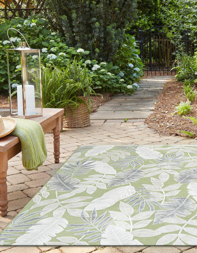 Green 8' 2 x 8' 2 Outdoor Botanical Square Area Rug Weather Resistant for Patio, Deck, Terrace, Balcony, Porch Polypropylene Garden Floral Tropical Carpet for Sale at Rug Engine