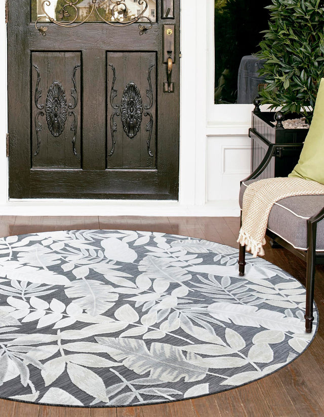 Black 8' 2 x 8' 2 Outdoor Botanical Round Area Rug Weather Resistant for Patio, Deck, Terrace, Balcony, Porch Polypropylene Garden Floral Tropical Carpet for Sale at Rug Engine