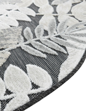 Black 4' 5 x 4' 5 Outdoor Botanical Round Area Rug Weather Resistant for Patio, Deck, Terrace, Balcony, Porch Polypropylene Garden Floral Tropical Carpet for Sale at Rug Engine