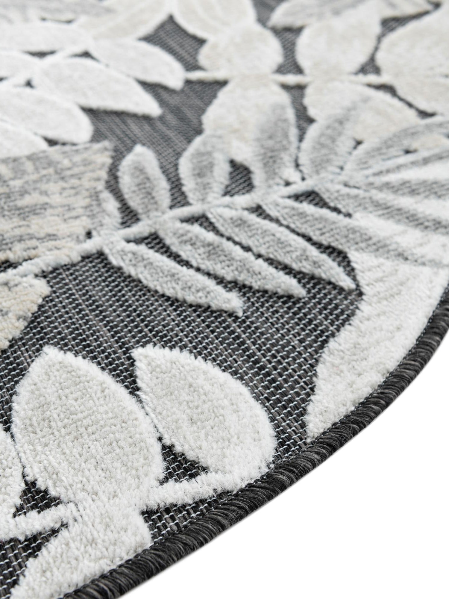 Black 8' 2 x 8' 2 Outdoor Botanical Round Area Rug Weather Resistant for Patio, Deck, Terrace, Balcony, Porch Polypropylene Garden Floral Tropical Carpet for Sale at Rug Engine