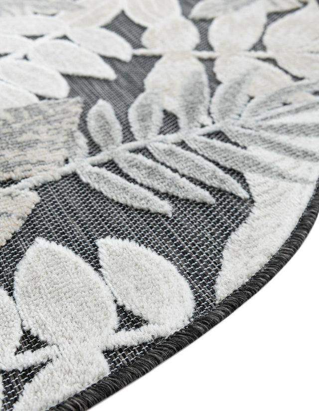 Black 8' 2 x 8' 2 Outdoor Botanical Round Area Rug Weather Resistant for Patio, Deck, Terrace, Balcony, Porch Polypropylene Garden Floral Tropical Carpet for Sale at Rug Engine