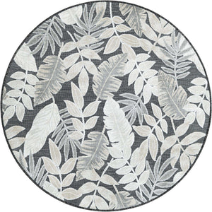Black 4' 5 x 4' 5 Outdoor Botanical Round Area Rug Weather Resistant for Patio, Deck, Terrace, Balcony, Porch Polypropylene Garden Floral Tropical Carpet for Sale at Rug Engine