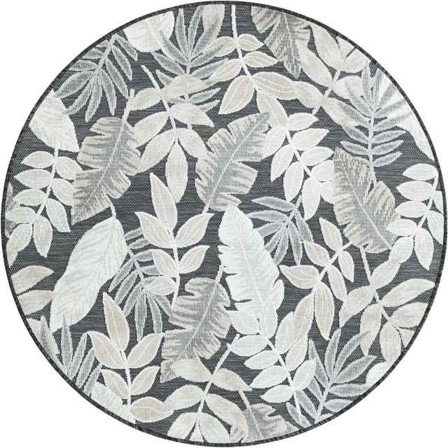 Black 4' 5 x 4' 5 Outdoor Botanical Round Area Rug Weather Resistant for Patio, Deck, Terrace, Balcony, Porch Polypropylene Garden Floral Tropical Carpet for Sale at Rug Engine