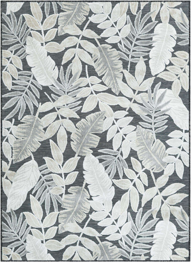 Black 4' 5 x 6' 1 Outdoor Botanical Rectangle Area Rug Weather Resistant for Patio, Deck, Terrace, Balcony, Porch Polypropylene Garden Floral Tropical Carpet for Sale at Rug Engine