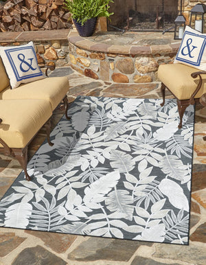 Black 8' 2 x 10' Outdoor Botanical Rectangle Area Rug Weather Resistant for Patio, Deck, Terrace, Balcony, Porch Polypropylene Garden Floral Tropical Carpet for Sale at Rug Engine