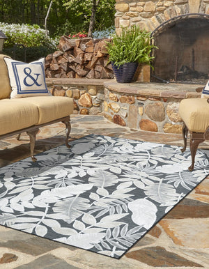 Black 2' 2 x 3' 1 Outdoor Botanical Rectangle Area Rug Weather Resistant for Patio, Deck, Terrace, Balcony, Porch Polypropylene Garden Floral Tropical Carpet for Sale at Rug Engine
