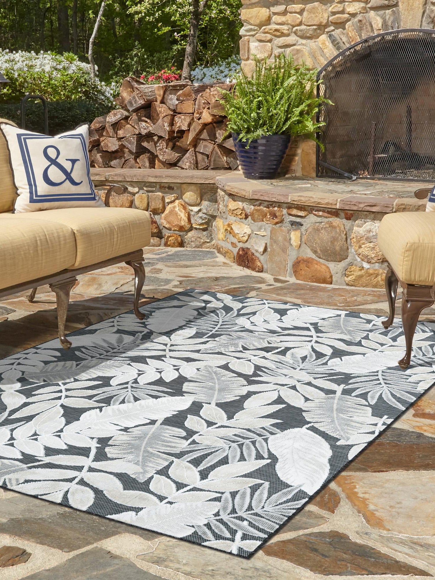 Black 4' 5 x 6' 1 Outdoor Botanical Rectangle Area Rug Weather Resistant for Patio, Deck, Terrace, Balcony, Porch Polypropylene Garden Floral Tropical Carpet for Sale at Rug Engine