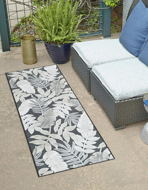 Black 2' 2 x 6' 1 Outdoor Botanical Runner Area Rug Weather Resistant for Patio, Deck, Terrace, Balcony, Porch Polypropylene Garden Floral Tropical Carpet for Sale at Rug Engine