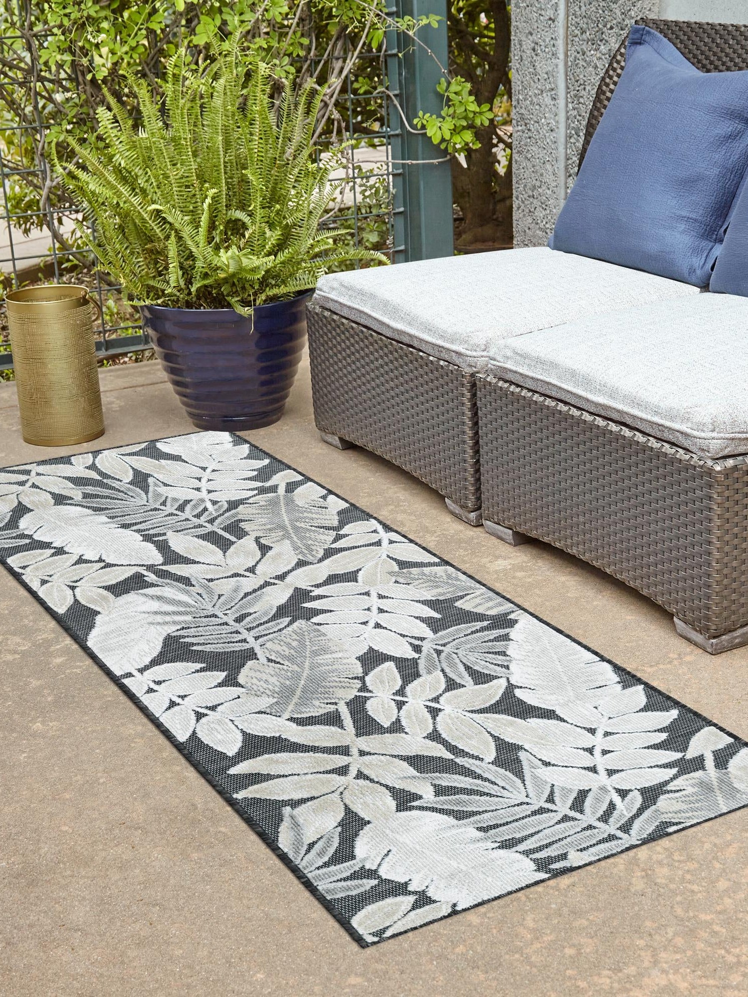 Black 2' 2 x 8' Outdoor Botanical Runner Area Rug Weather Resistant for Patio, Deck, Terrace, Balcony, Porch Polypropylene Garden Floral Tropical Carpet for Sale at Rug Engine