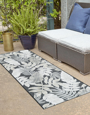 Black 2' 2 x 8' Outdoor Botanical Runner Area Rug Weather Resistant for Patio, Deck, Terrace, Balcony, Porch Polypropylene Garden Floral Tropical Carpet for Sale at Rug Engine